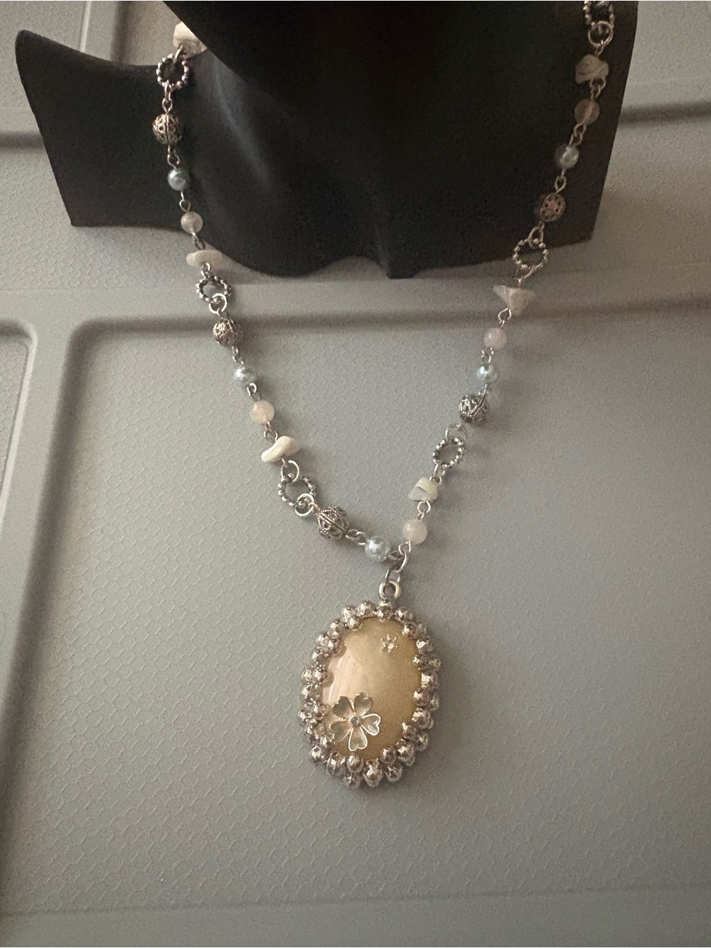 Silver-Tone Floral Necklace with Pale Pink Beads